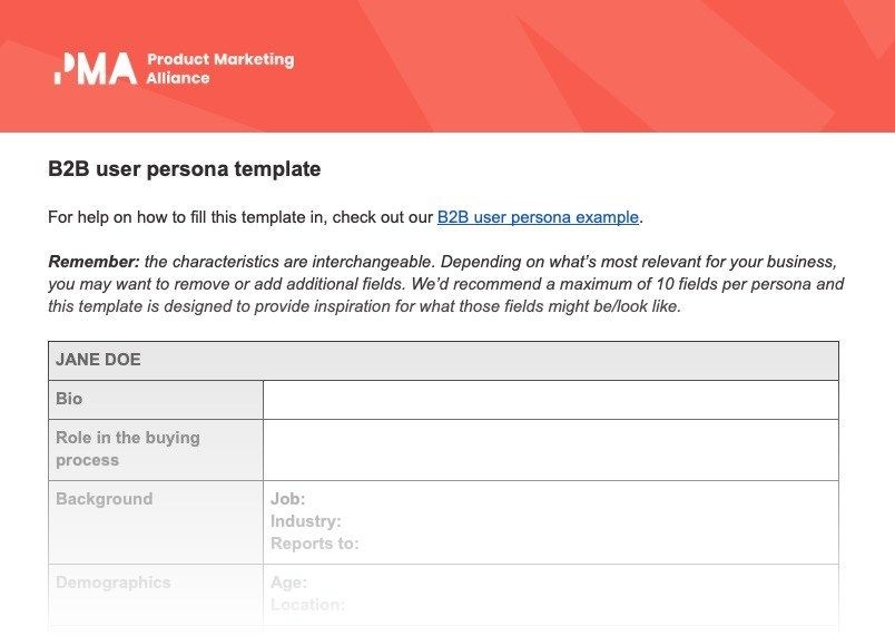 A faded out image of the PMA B2B user persona template.