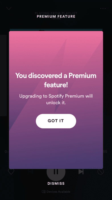 An example of upselling in Spotify's mobile app.