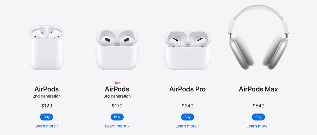 An image of four apple airpod products. First is the AirPods (2nd Generation) for $129, AirPods (3rd generation) for $179, AirPods Pro for $249 and then AirPods Max which are headphones, not earphones like the others, for $549.